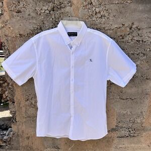 Tailored Athlete Shirt Mens XXL White Embroidered Short Sleeve Button Down Dress
